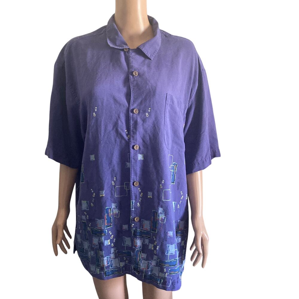 Vintage Tehama 100% Silk Shirt Mens XL Purple Blue Button Front